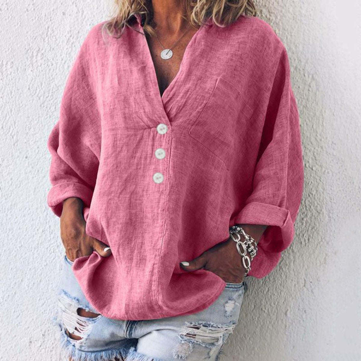 Comfortable Blouse for Women Button-Front V-Neck