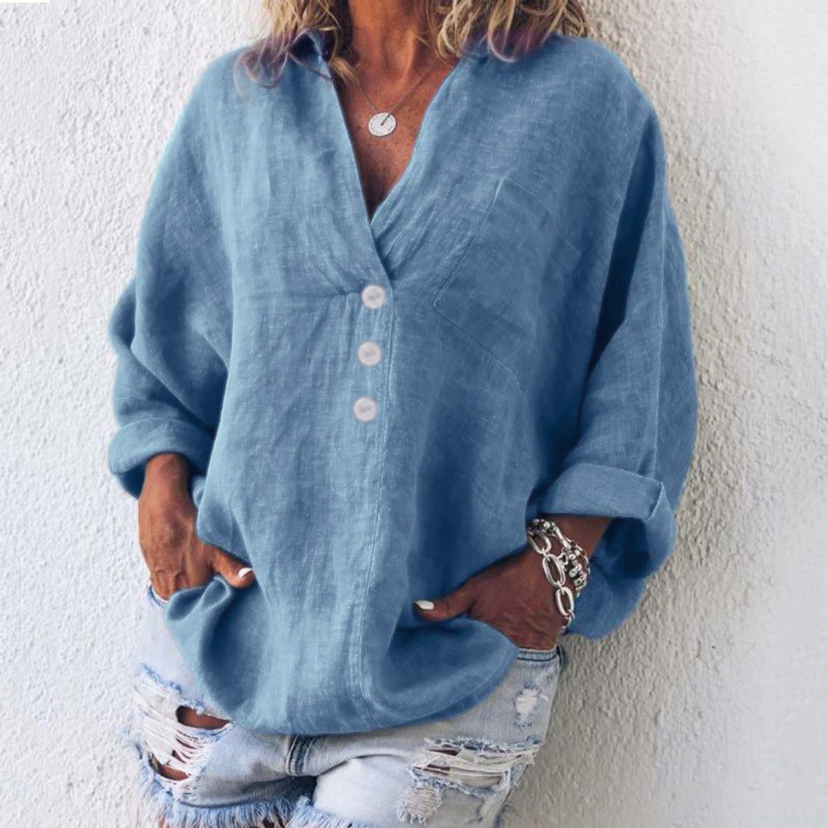 Comfortable Blouse for Women Button-Front V-Neck
