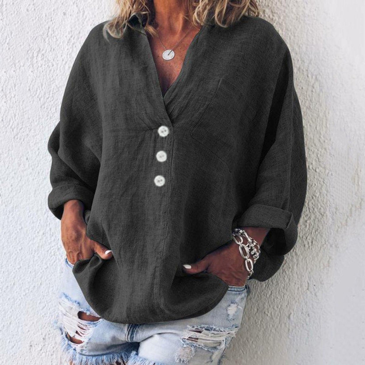 Comfortable Blouse for Women Button-Front V-Neck
