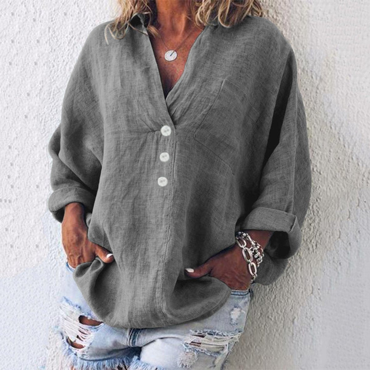 Comfortable Blouse for Women Button-Front V-Neck