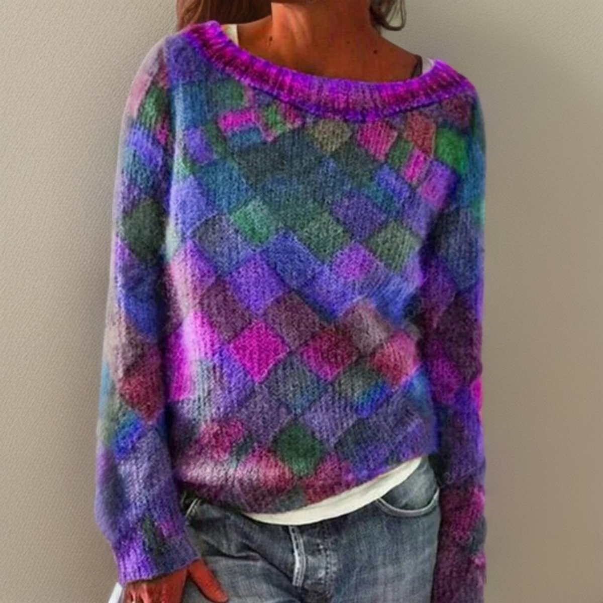 Stylish Pullover Sweater for Women Diamond-Pattern Relaxed-Fit