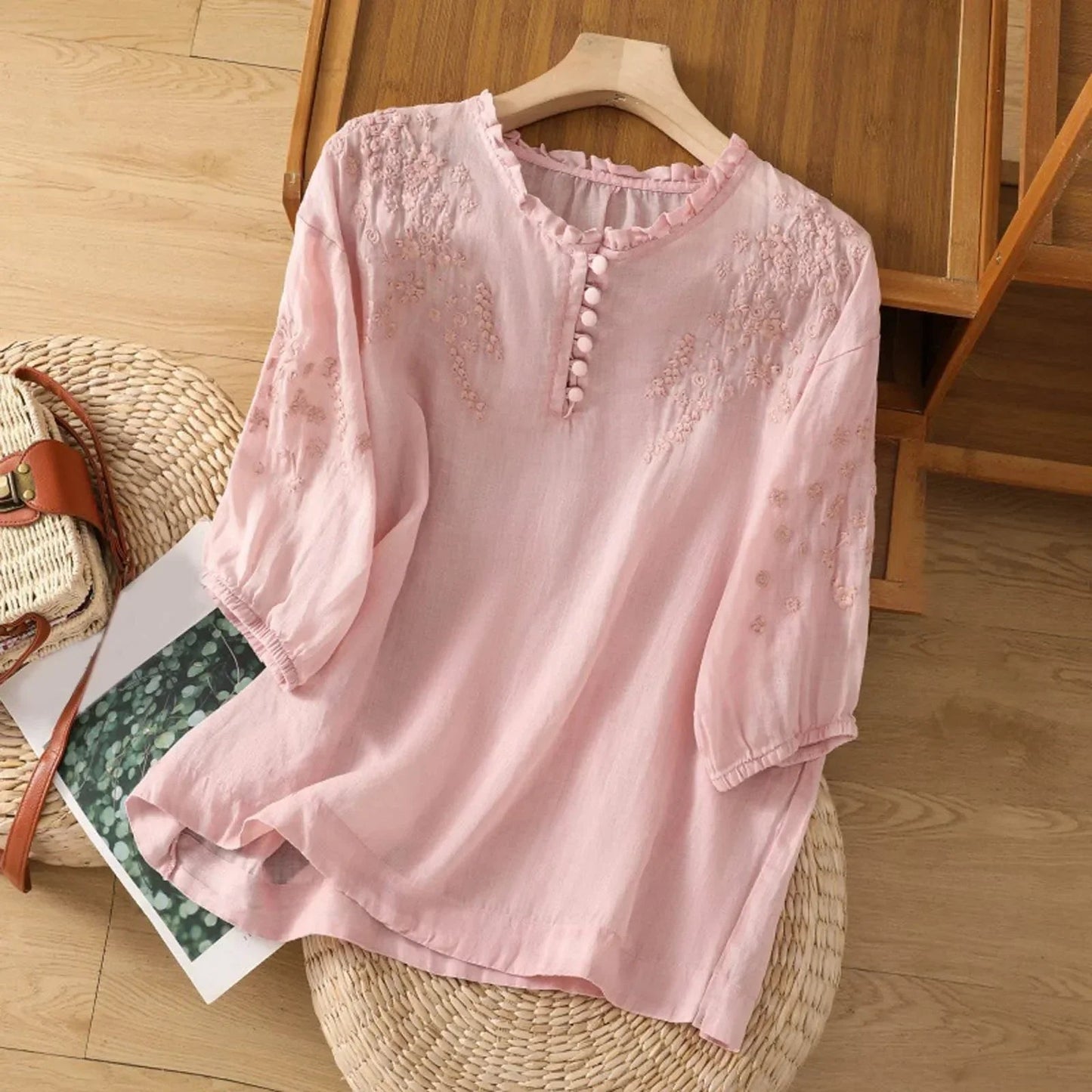 Effortless Blouse for Women Floral-Embroidered Ruffle-Neck Puff-Sleeve