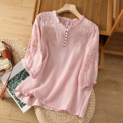 Effortless Blouse for Women Floral-Embroidered Ruffle-Neck Puff-Sleeve