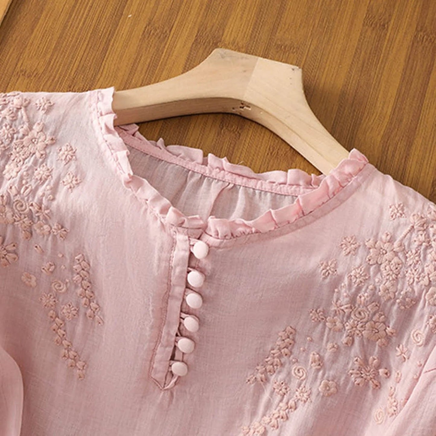 Effortless Blouse for Women Floral-Embroidered Ruffle-Neck Puff-Sleeve