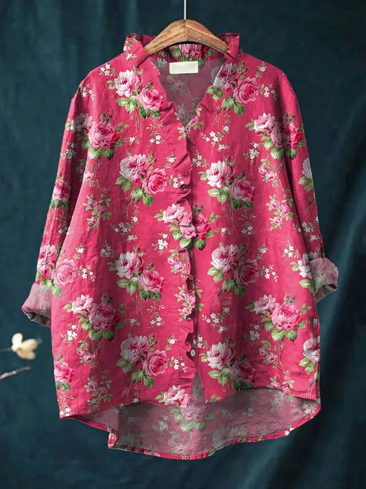 Stylish Blouse for Women Floral Ruffle-Trim Button-Down