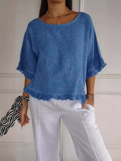 Effortless Blouse for Women Frayed-Hem Short-Sleeve Linen-Look