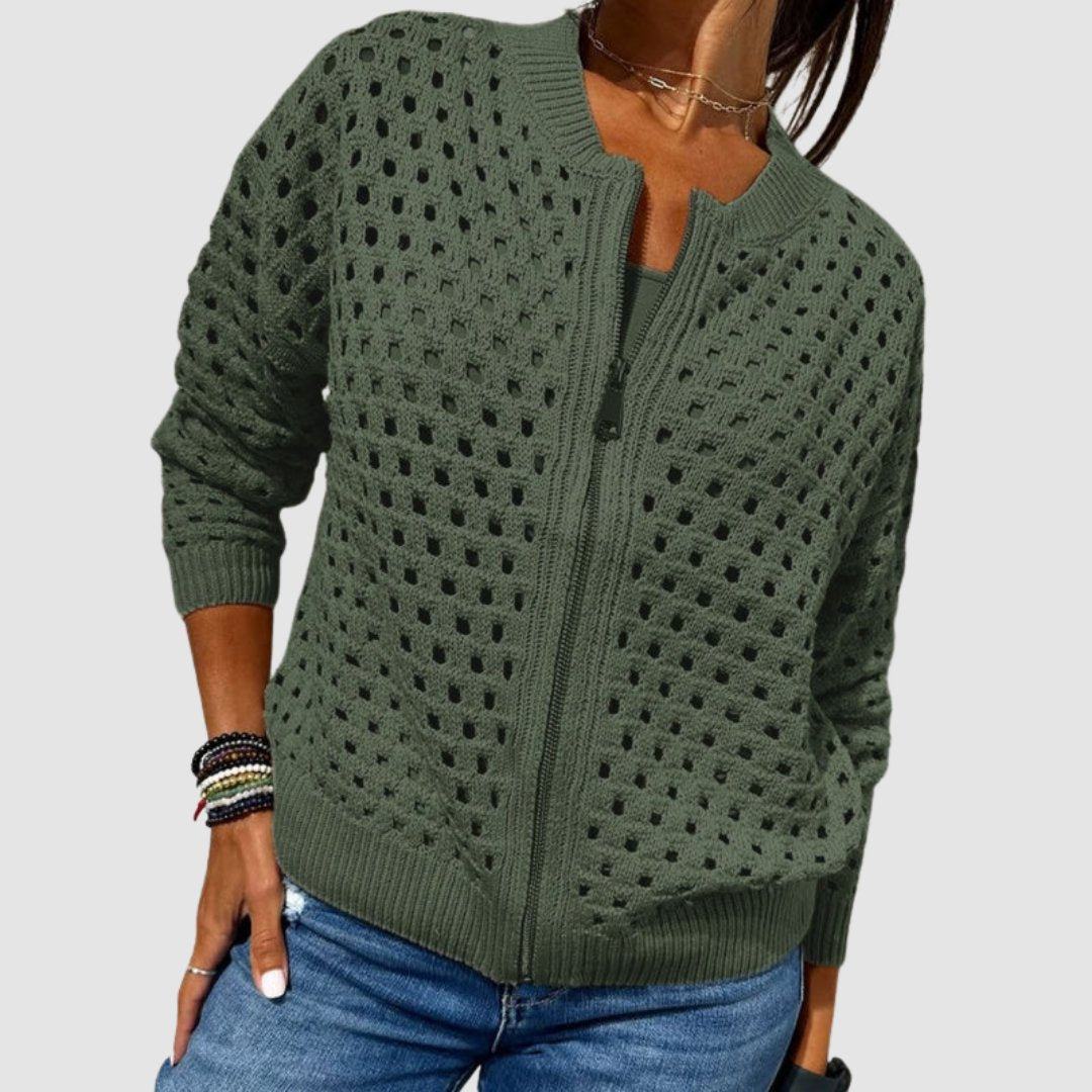 Effortless Cardigan for Women Hollow-Knit Zip-Up