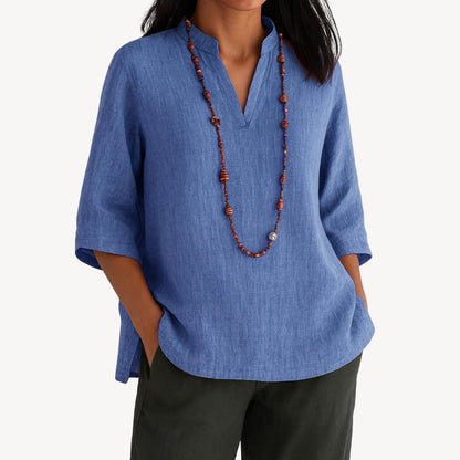 Effortless Blouse for Women V-Neck Three-Quarter-Sleeve Linen