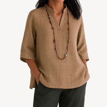Effortless Blouse for Women V-Neck Three-Quarter-Sleeve Linen