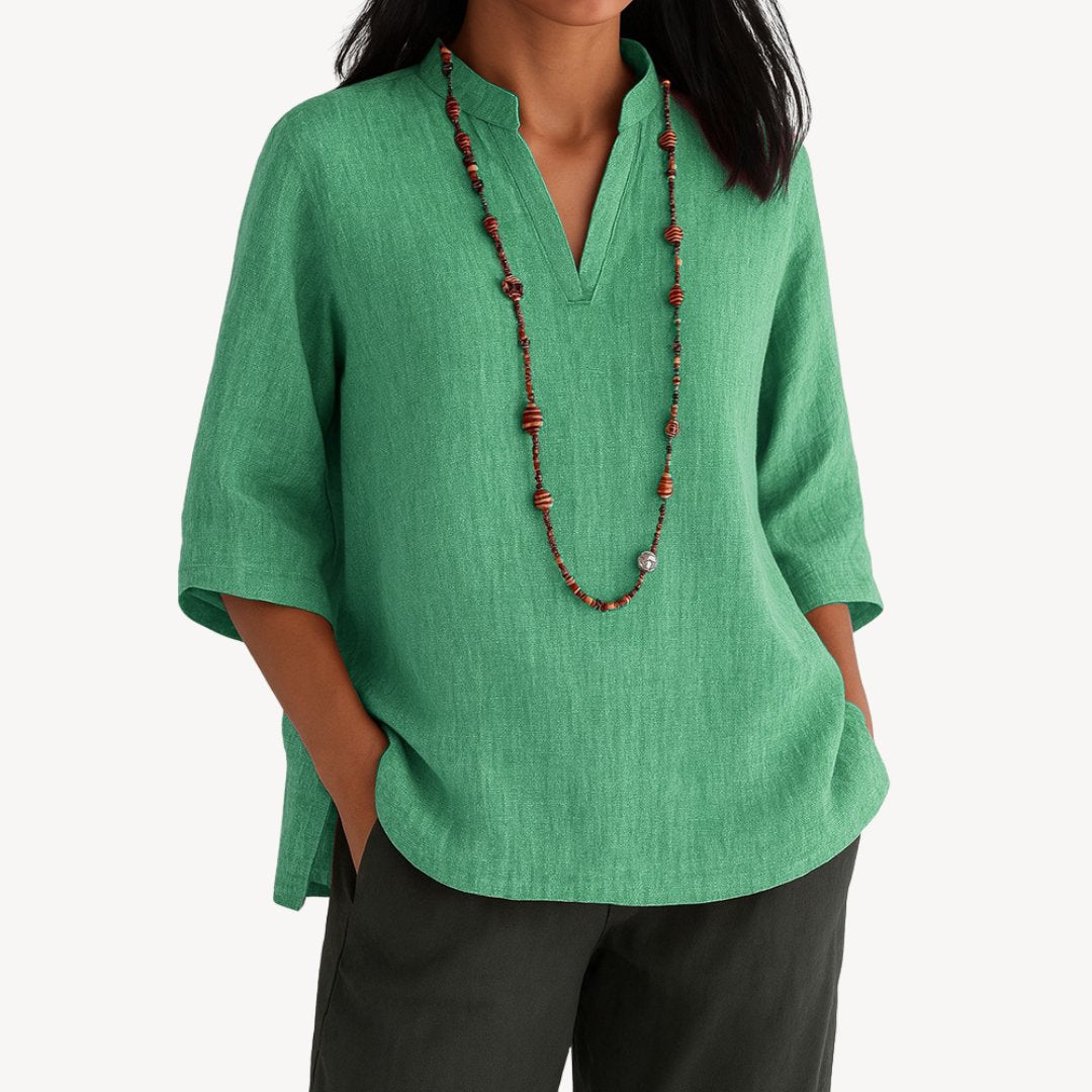 Effortless Blouse for Women V-Neck Three-Quarter-Sleeve Linen