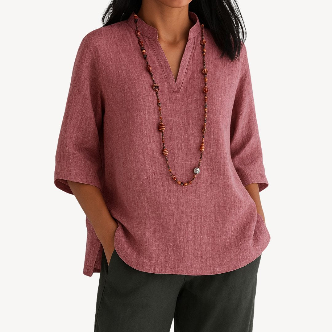 Effortless Blouse for Women V-Neck Three-Quarter-Sleeve Linen