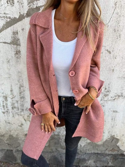 Elegant Long Coat for Women Notch-Lapel Button-Front