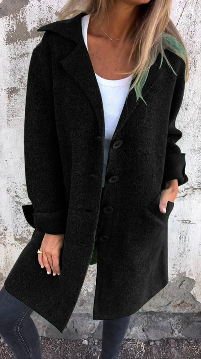 Elegant Long Coat for Women Notch-Lapel Button-Front