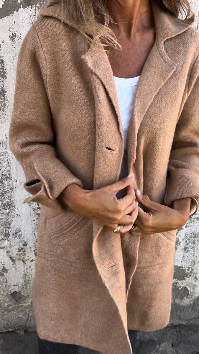 Elegant Long Coat for Women Notch-Lapel Button-Front