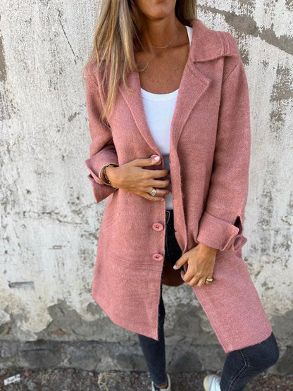 Elegant Long Coat for Women Notch-Lapel Button-Front