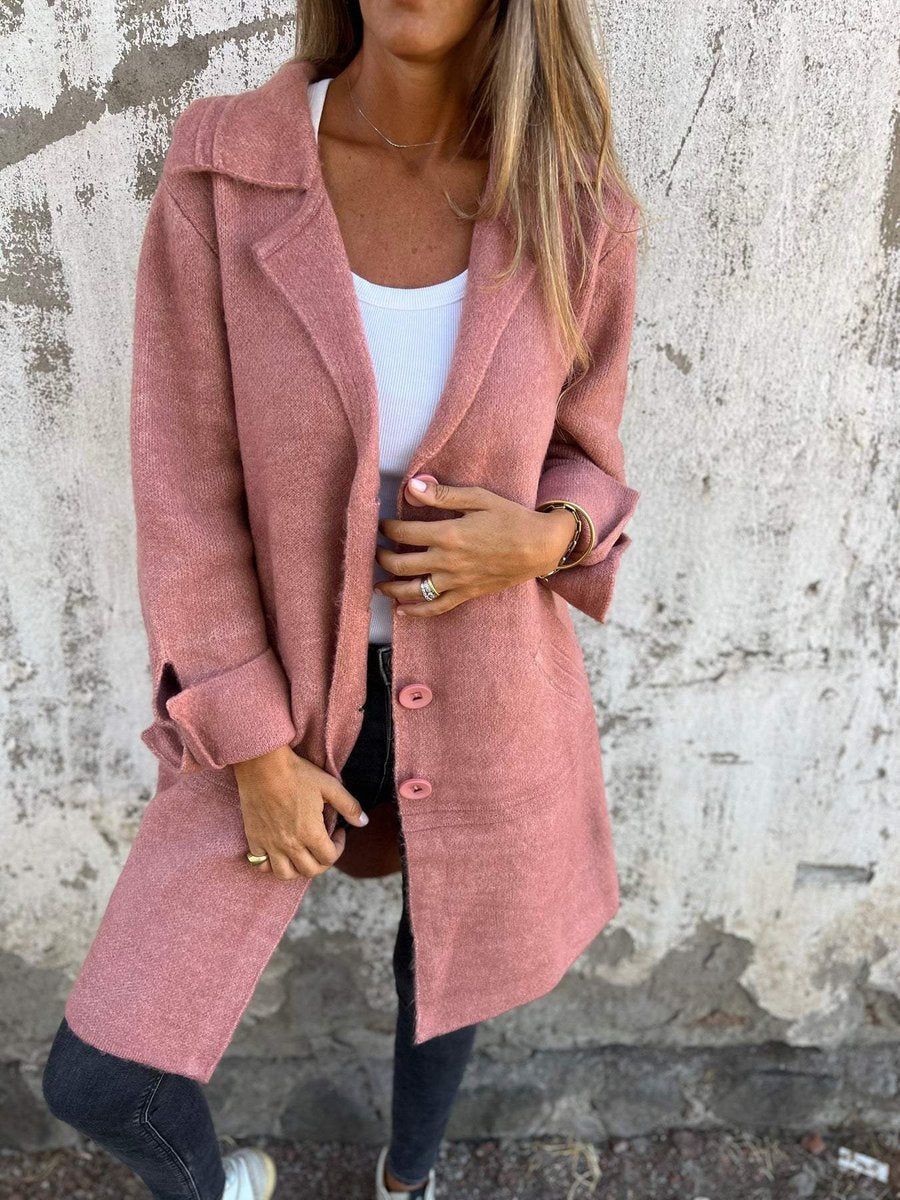 Elegant Long Coat for Women Notch-Lapel Button-Front