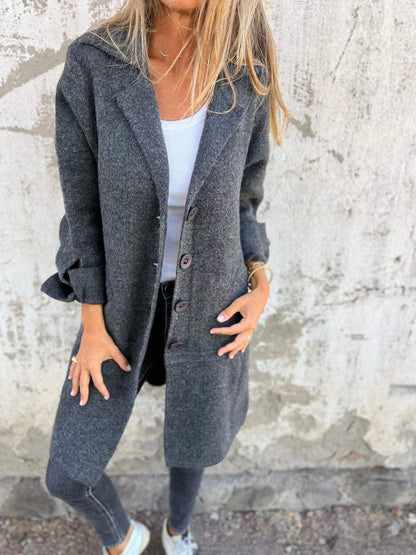Elegant Long Coat for Women Notch-Lapel Button-Front
