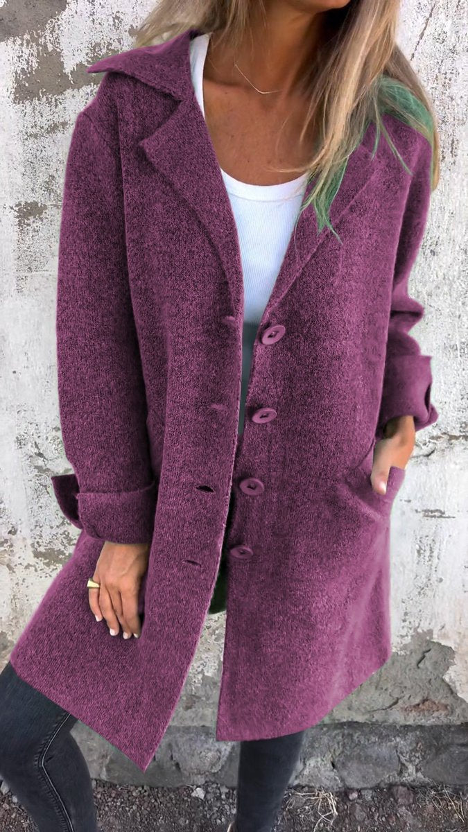 Elegant Long Coat for Women Notch-Lapel Button-Front