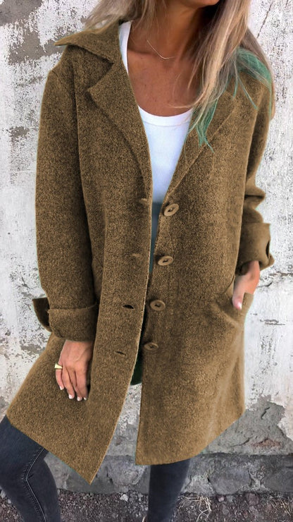 Elegant Long Coat for Women Notch-Lapel Button-Front