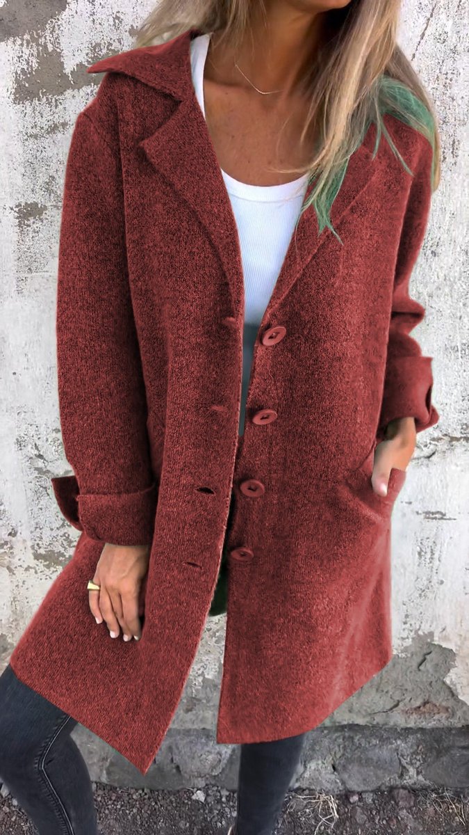Elegant Long Coat for Women Notch-Lapel Button-Front