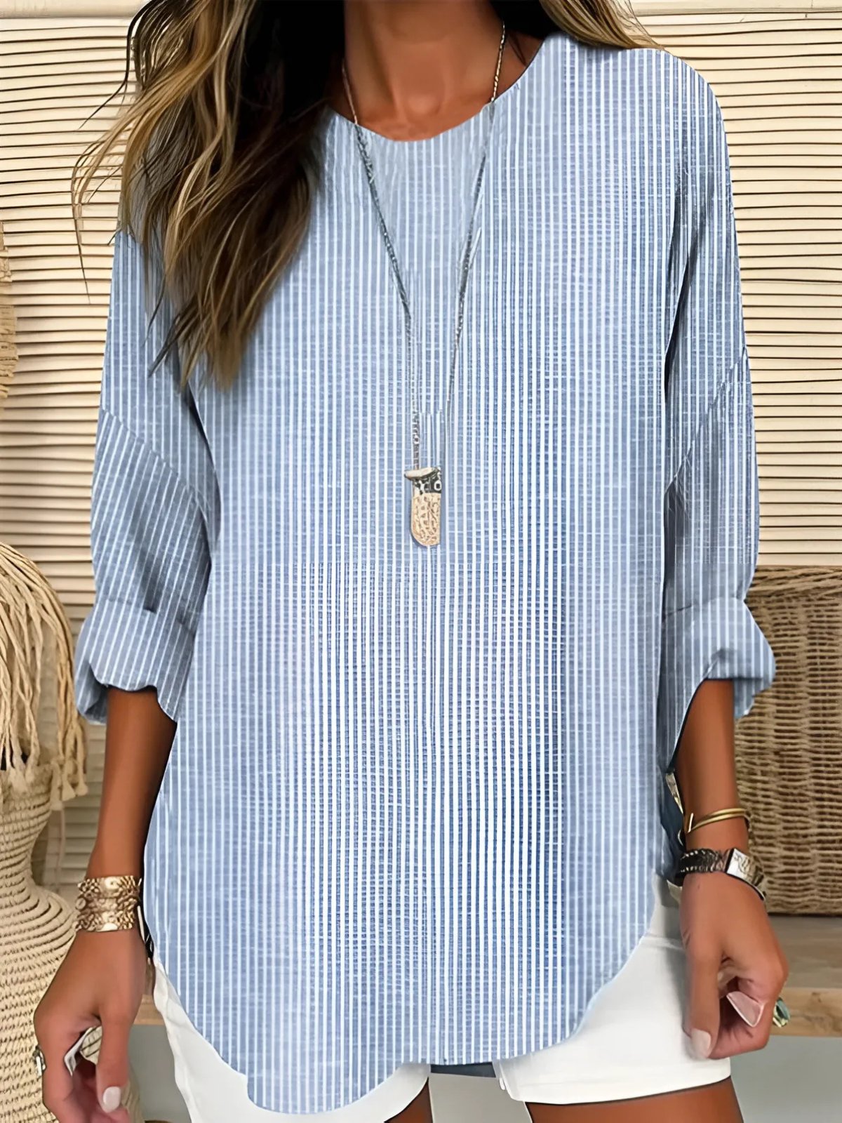 Effortless Blouse for Women Striped Long-Sleeve Crew-Neck