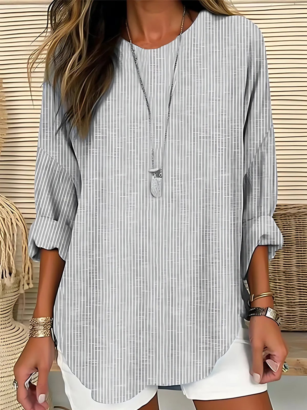 Effortless Blouse for Women Striped Long-Sleeve Crew-Neck