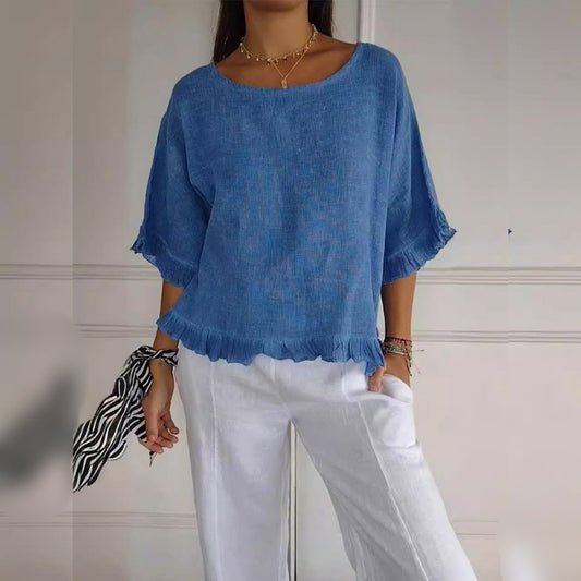 Effortless Blouse for Women Ruffle-Hem Linen Relaxed-Fit