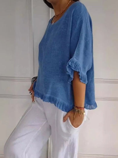 Effortless Blouse for Women Ruffle-Hem Linen Relaxed-Fit