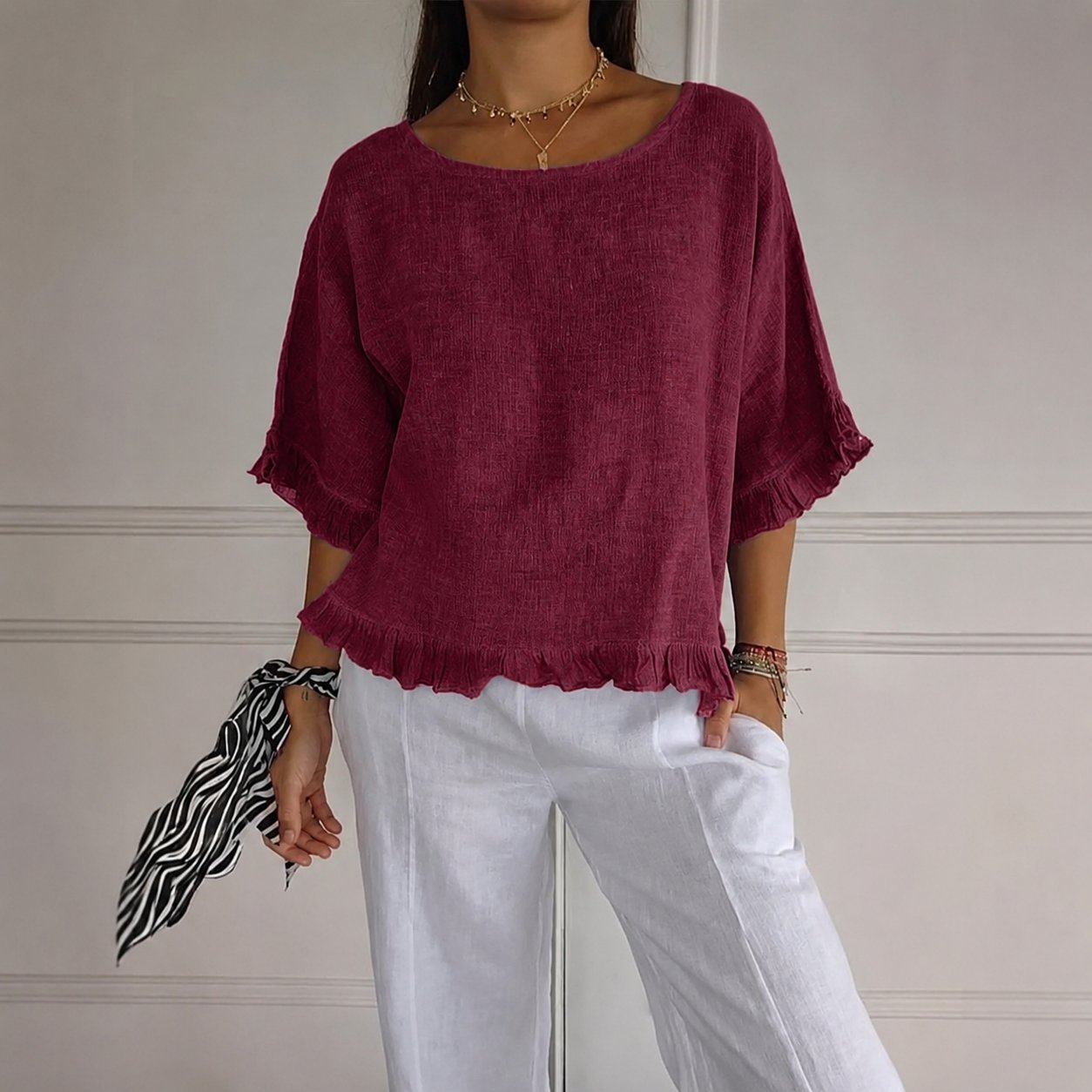 Effortless Blouse for Women Ruffle-Hem Linen Relaxed-Fit