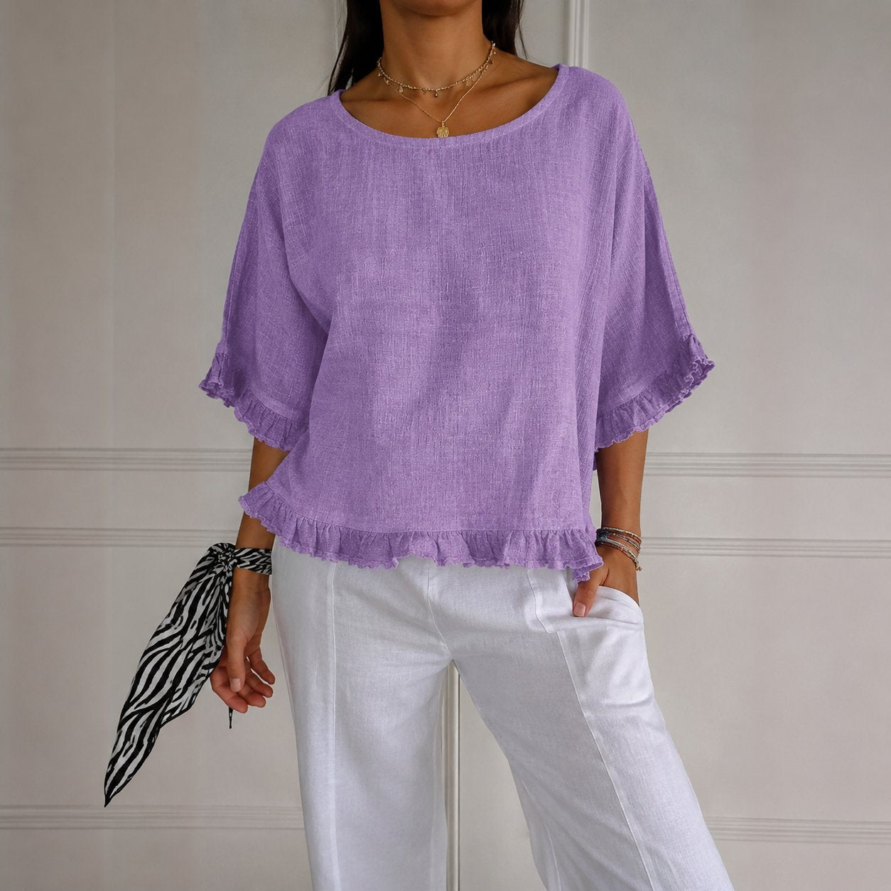 Effortless Blouse for Women Ruffle-Hem Linen Relaxed-Fit