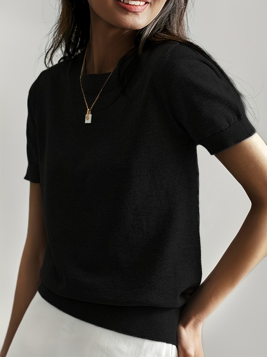 Comfortable Sweater Top for Women Short-Sleeve Crewneck