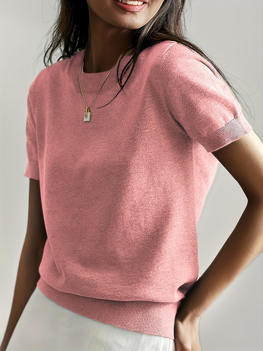 Comfortable Sweater Top for Women Short-Sleeve Crewneck