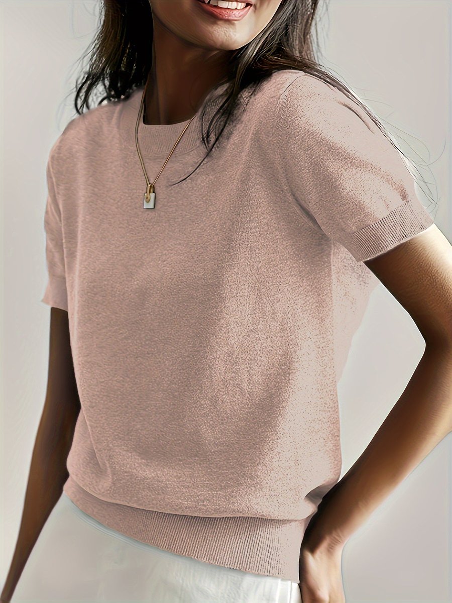 Comfortable Sweater Top for Women Short-Sleeve Crewneck