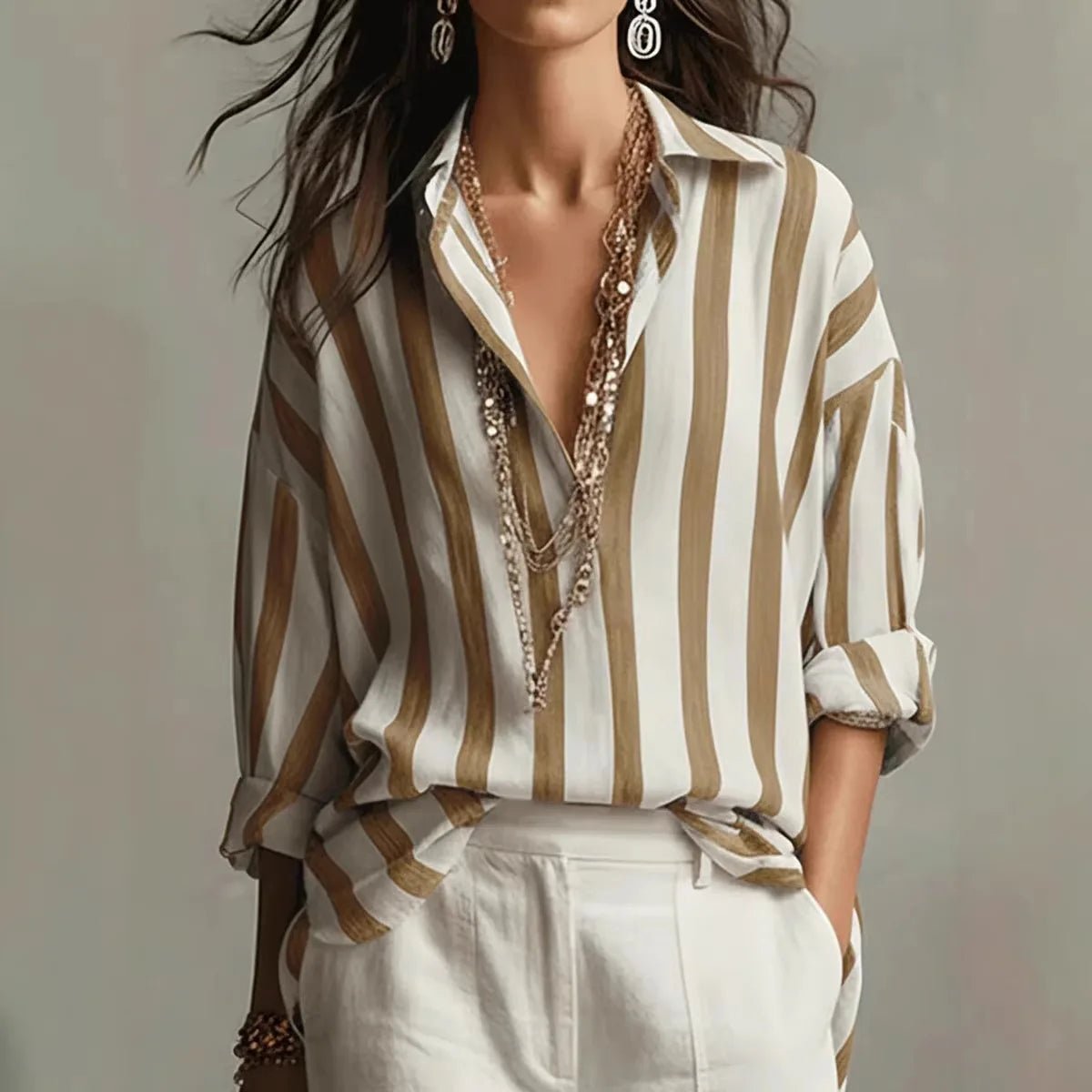 Effortless Blouse for Women Vertical-Striped Open-Collar Long-Sleeve
