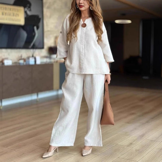 Effortless Two Piece Set for Women Tunic Wide-Leg Linen
