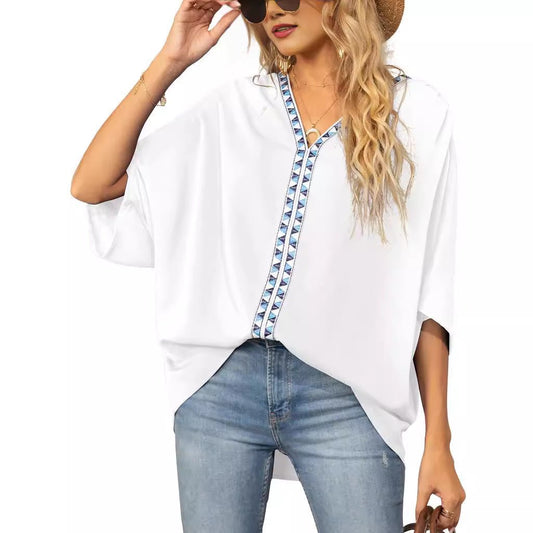 Effortless Tunic Top for Women V-Neck Geometric-Trim Oversized