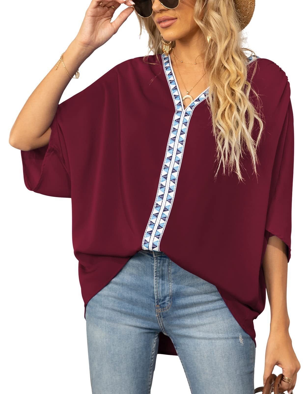 Effortless Tunic Top for Women V-Neck Geometric-Trim Oversized