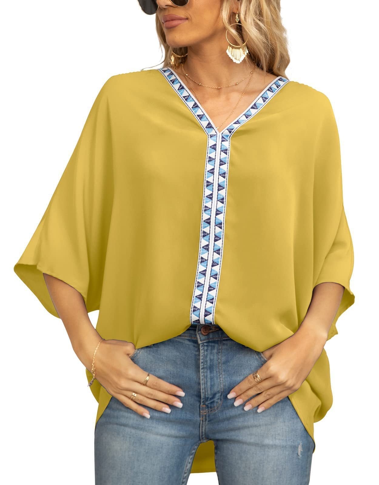 Effortless Tunic Top for Women V-Neck Geometric-Trim Oversized