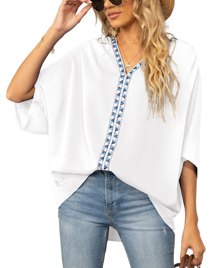 Effortless Tunic Top for Women V-Neck Geometric-Trim Oversized
