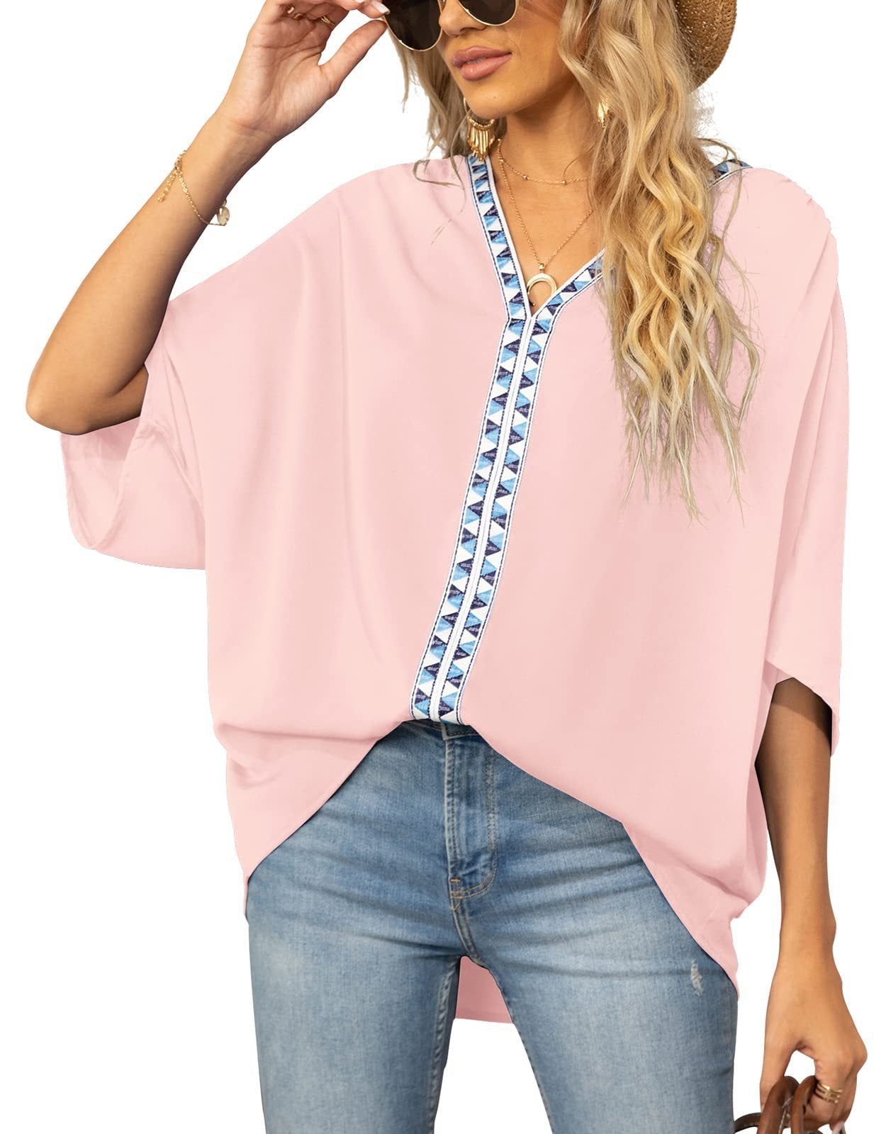 Effortless Tunic Top for Women V-Neck Geometric-Trim Oversized