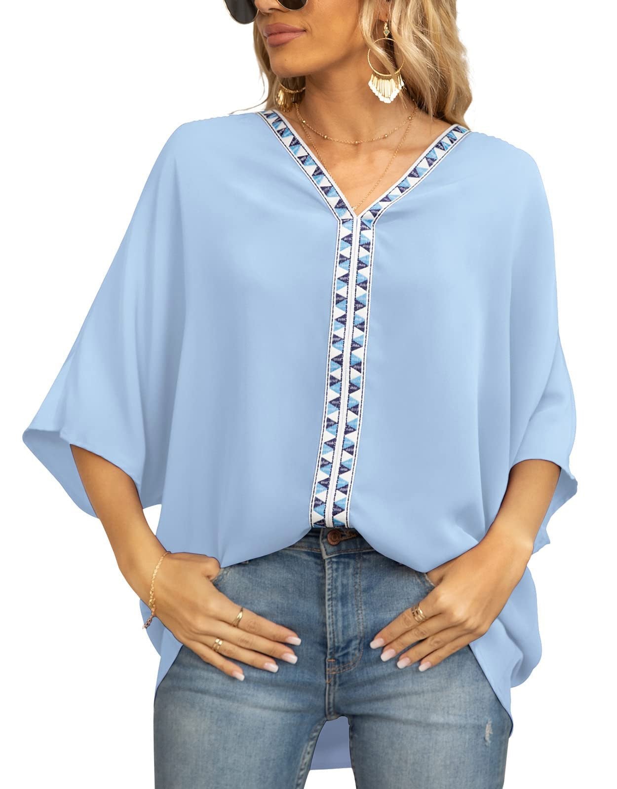 Effortless Tunic Top for Women V-Neck Geometric-Trim Oversized