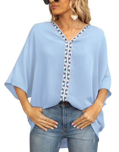 Effortless Tunic Top for Women V-Neck Geometric-Trim Oversized