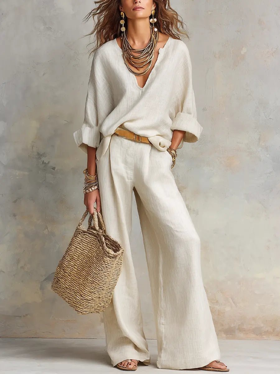 Effortless Two Piece Set for Women V-Neck Linen Wide-Leg