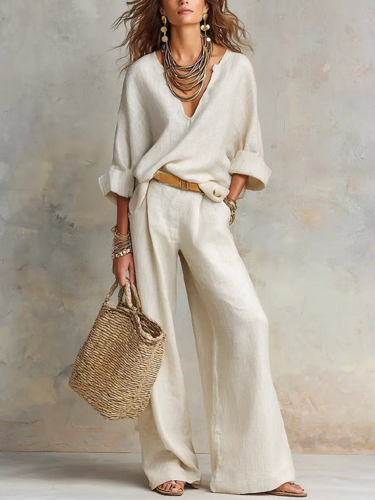 Effortless Two Piece Set for Women V-Neck Linen Wide-Leg