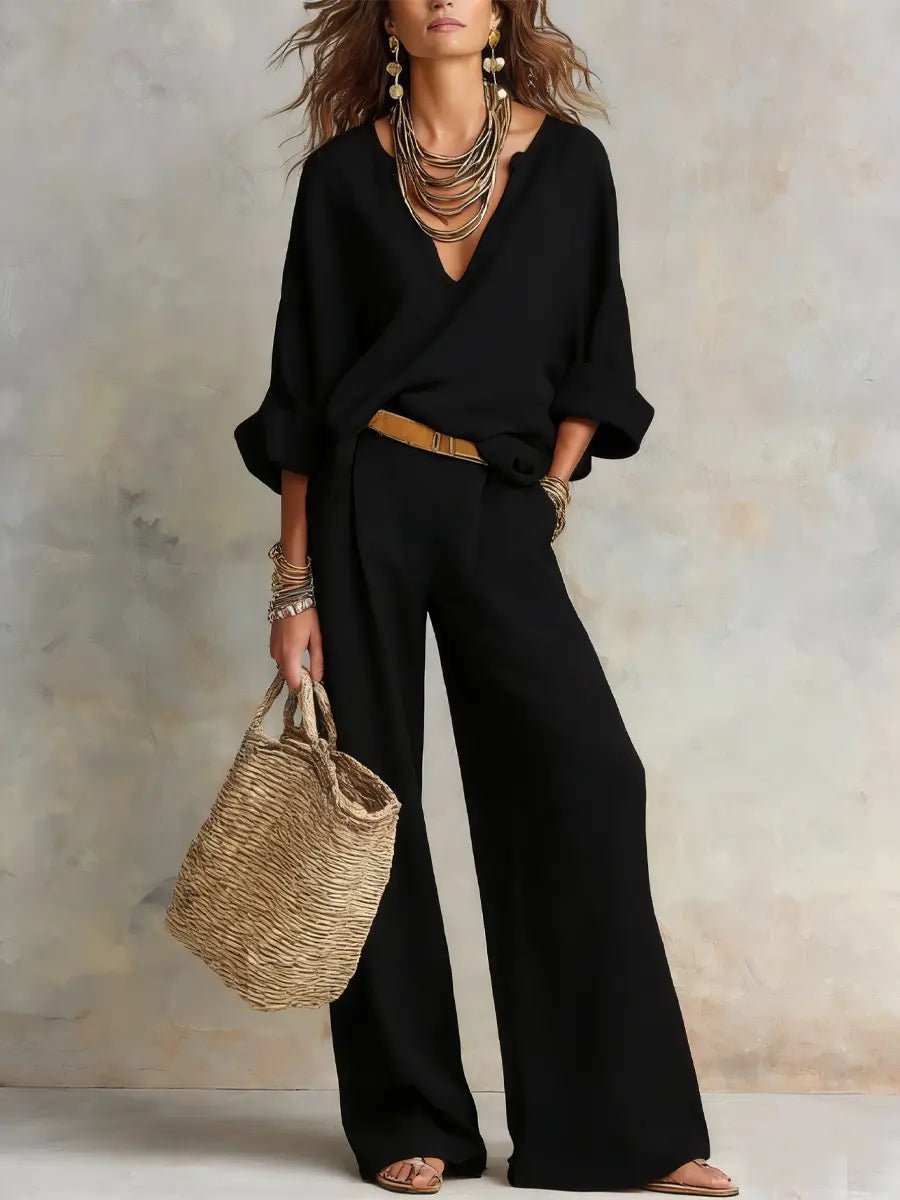 Effortless Two Piece Set for Women V-Neck Linen Wide-Leg