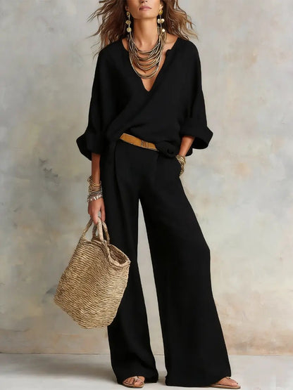 Effortless Two Piece Set for Women V-Neck Linen Wide-Leg
