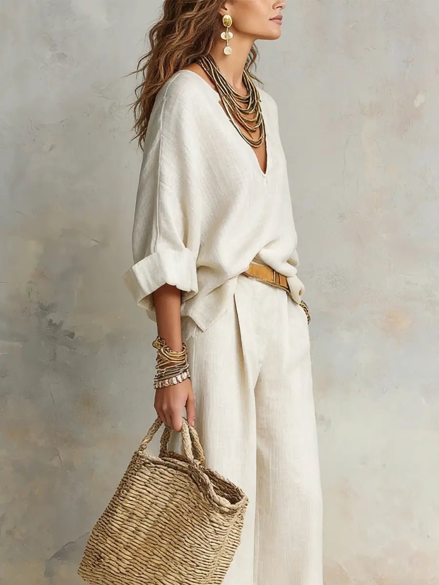 Effortless Two Piece Set for Women V-Neck Linen Wide-Leg