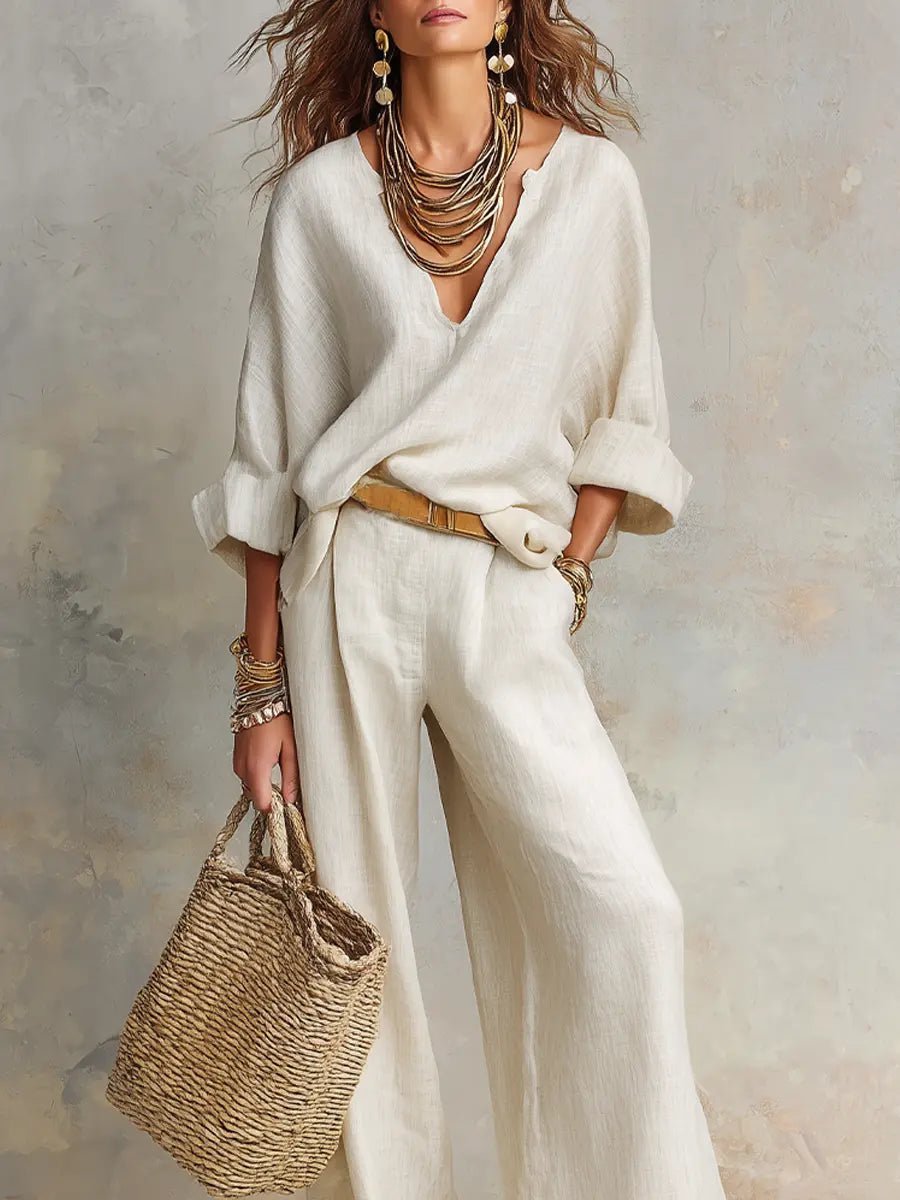 Effortless Two Piece Set for Women V-Neck Linen Wide-Leg