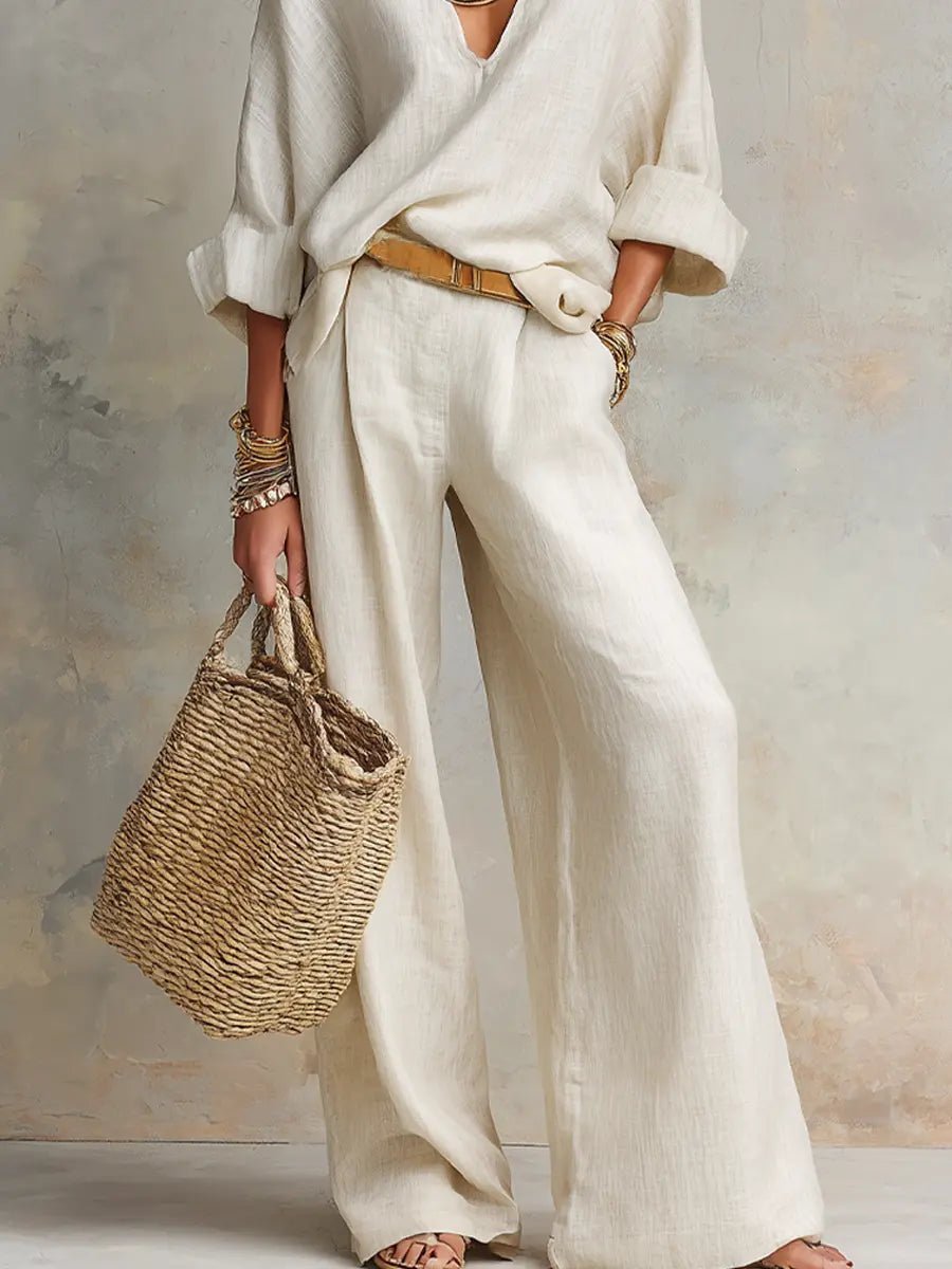 Effortless Two Piece Set for Women V-Neck Linen Wide-Leg