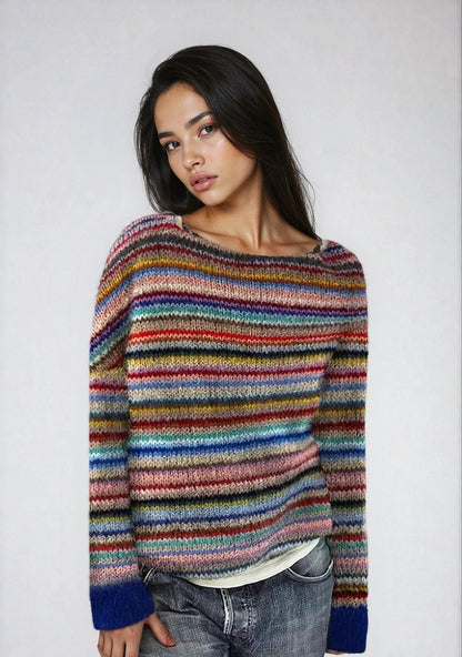 Effortless Sweater for Women Retro Striped Relaxed-Fit